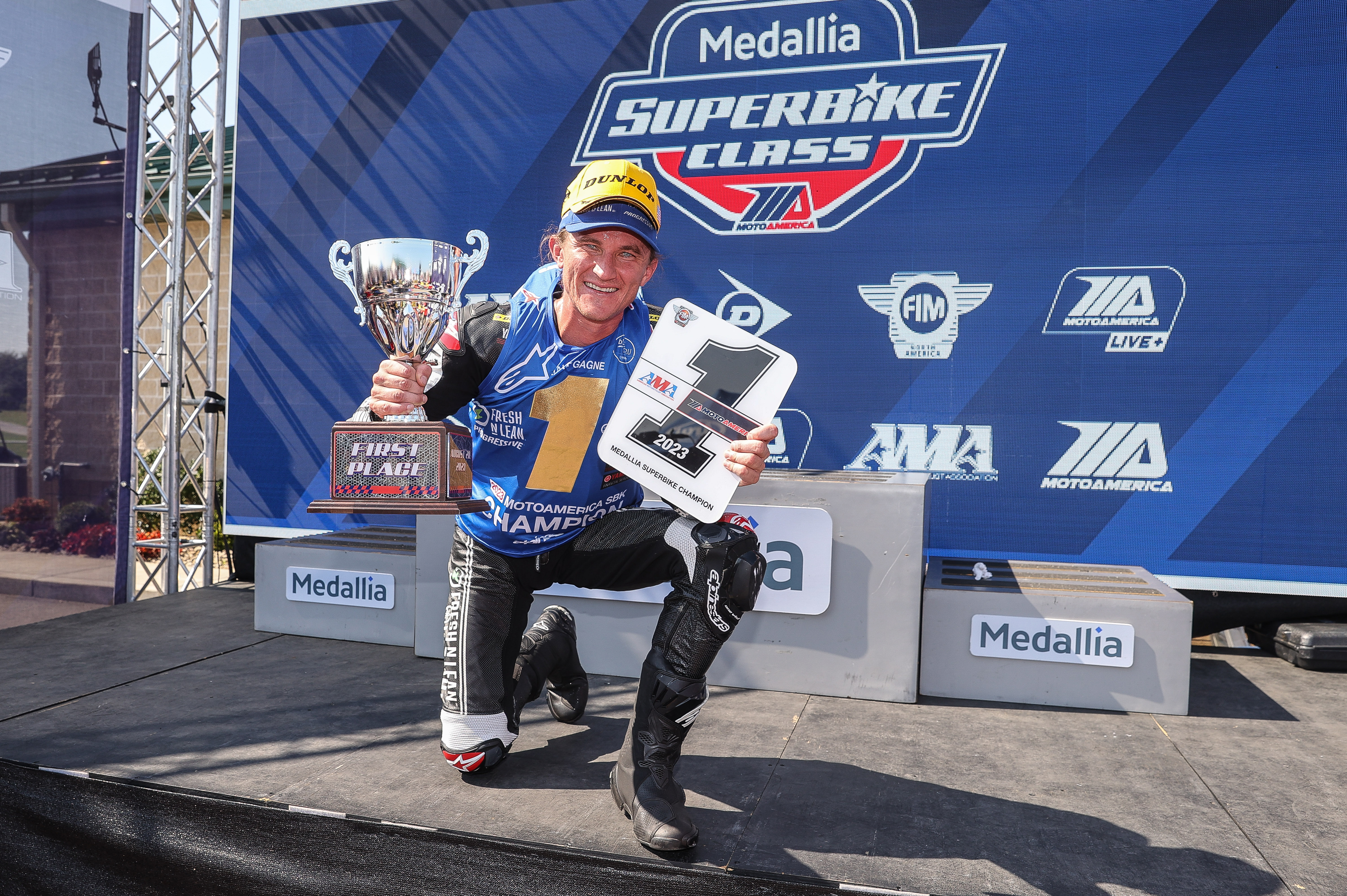 FOR IMMEDIATE RELEASE
Gagne Crowned 2023 MotoAmerica Superbike Champion
Fresh N Lean Progressive Yamaha Racing’s Jake Gagne clinches third-consecutive
premier-class championship with a sweep of the MotoAmerica Superbike tripleheader at
PIRC