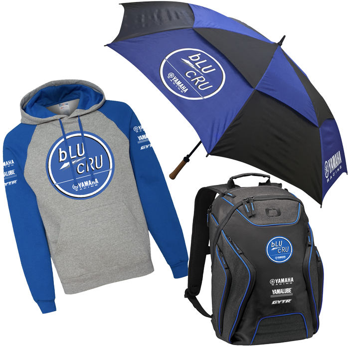 blu cru hoodie umbrella and backpack shown